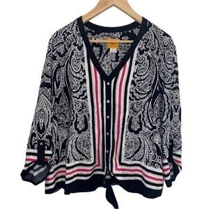 Ruby Rd. Tie front button down v neck blouse size XL